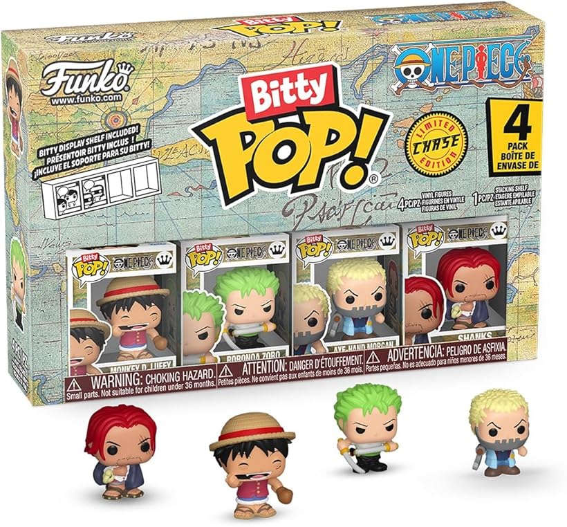 Bitty Pop! One Piece - Monkey D. Luffy, Roronoa Zoro, Axe Hand Morgan, and A Surprise Mystery Mini Figure - 0.9 Inch (2.2 Cm) Collectable - Stackable Display Shelf Included - Party Bags